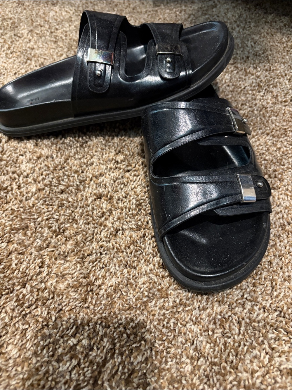 Zara Black Double-Strap Slide Sandals with Silver Buckles - Picture 1 of 4